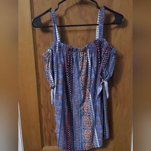 Bobbie Brooks Cold Shoulder Tie Short Sleeve Floral Paisley Blue Pink Md